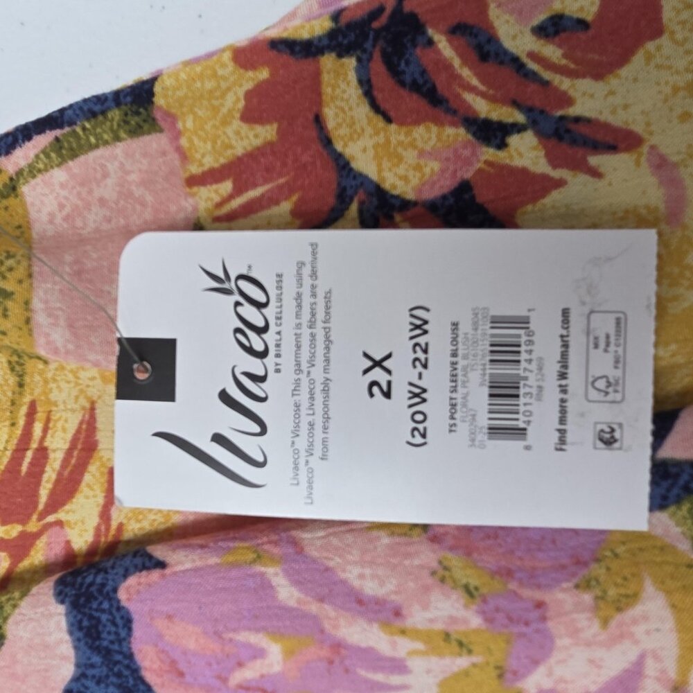 Terra & Sky Blouse Womens Plus 2X Pink Floral Poet Sleeve Boho Lightweight Top - Picture 6 of 10
